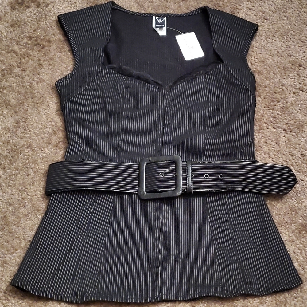 New black Goth Windsor Pinstripe belted top XS